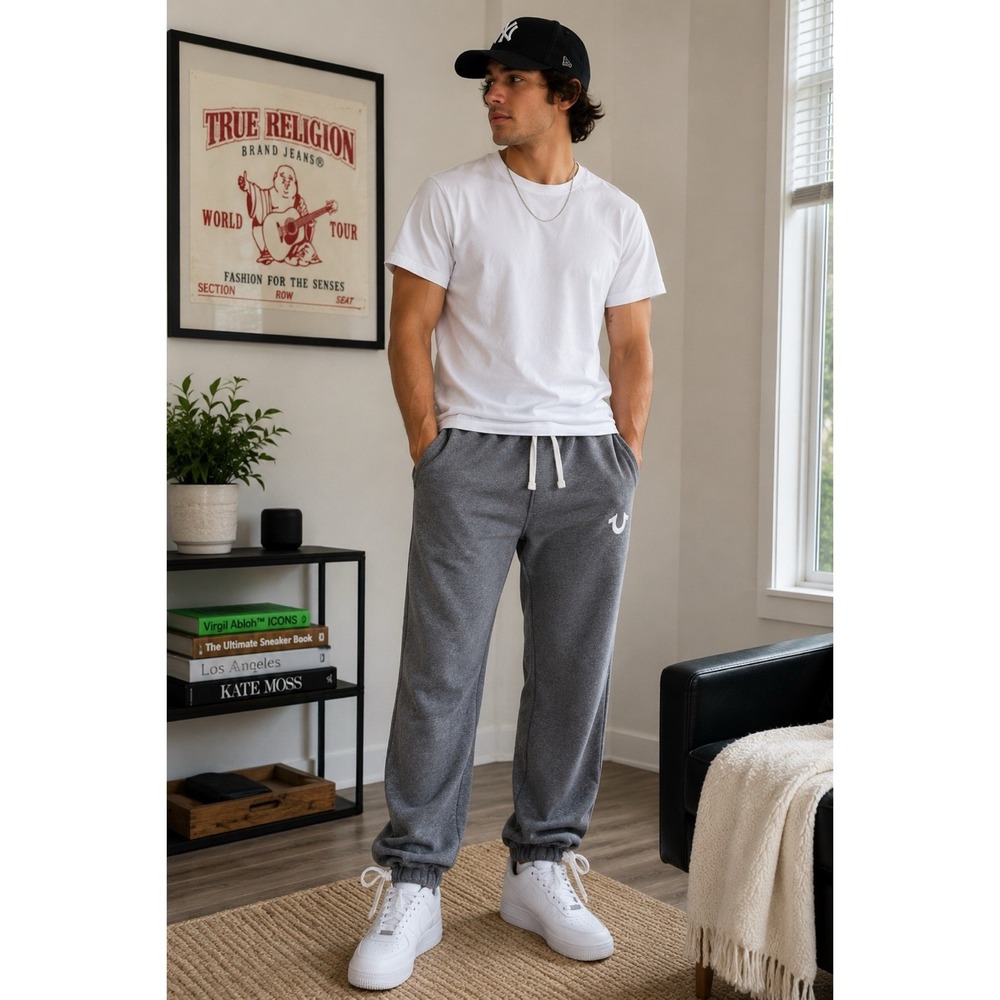 True Religion Men's Size XL World Tour Sweatpants Gray Made USA 100% Cotton Y2K